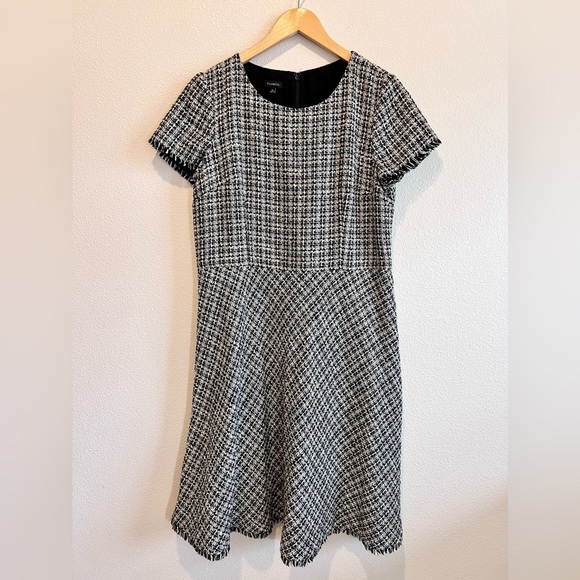 Talbots Petites 14 Tweed Fit & Flare Dress Black White Short Sleeve Academia - Picture 1 of 13
